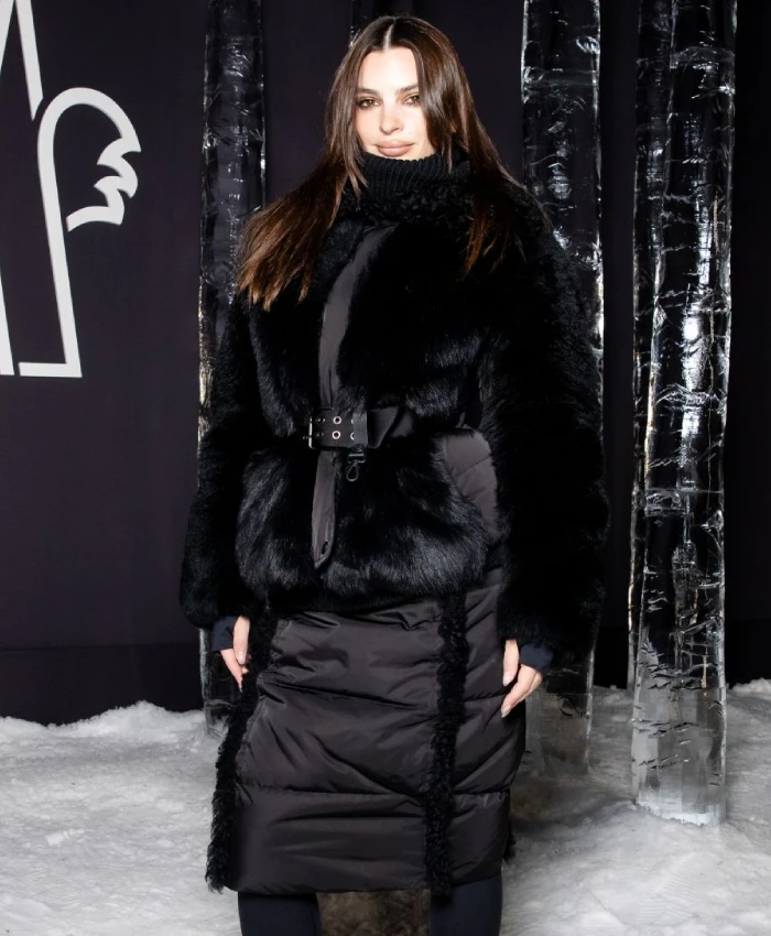 Fashion Week 2026 Emily Ratajkowski Bleted Black Padded Coat With Fur
