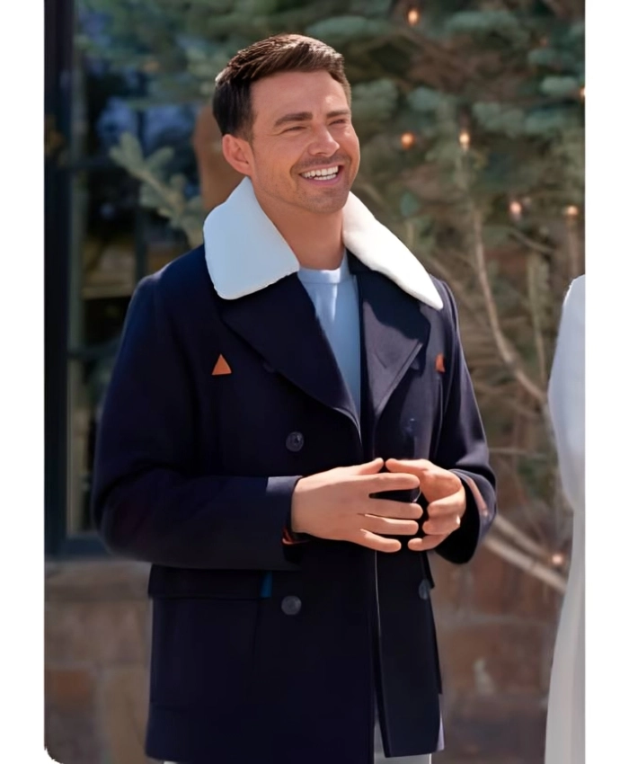 Finding Mr Christmas Jonathan Bennett Double Breasted Navy Sherpa Collar Coat