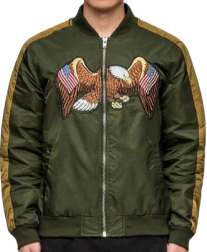 Flying American Eagle Olive Green Bomber Zip Up Jacket