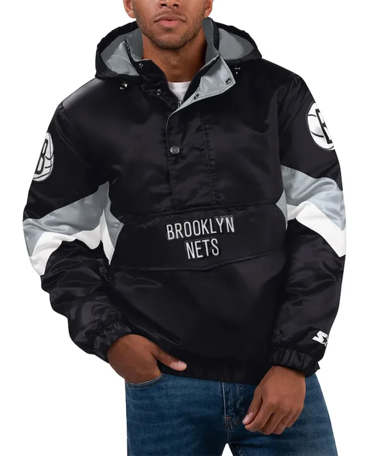 Force Play Brooklyn Nets Black Hoodie Half Zip Satin Jacket