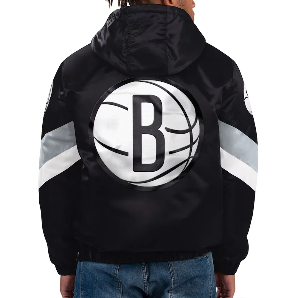 Force Play Brooklyn Nets Black Hoodie Half Zip Satin Jacket Back
