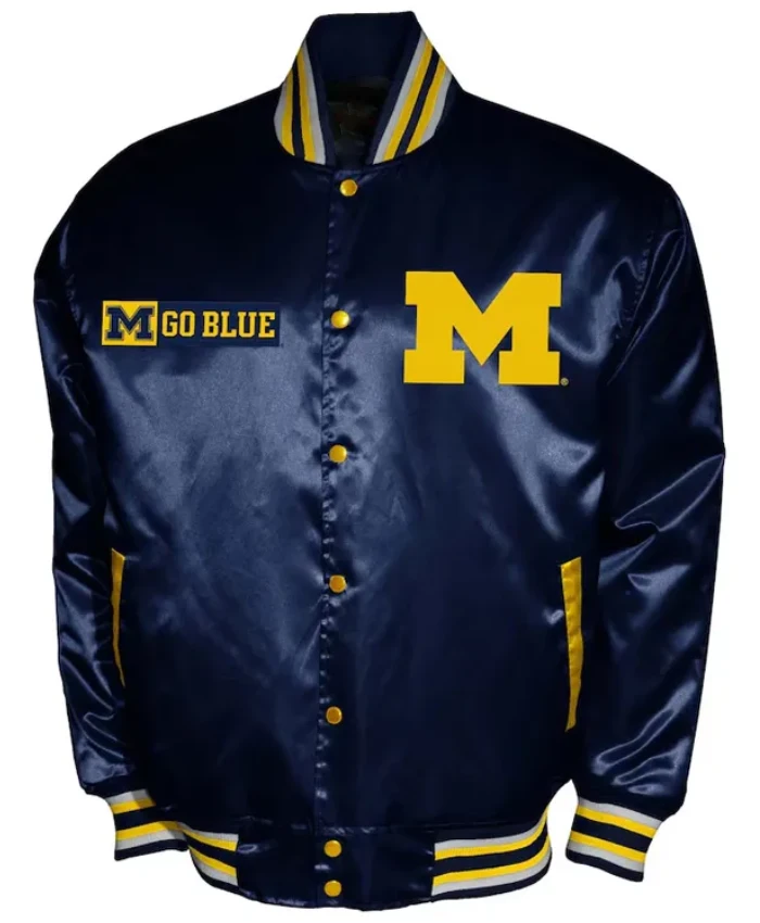 Franchise Club Michigan Wolverines Full Snap Satin Navy Varsity Jacket