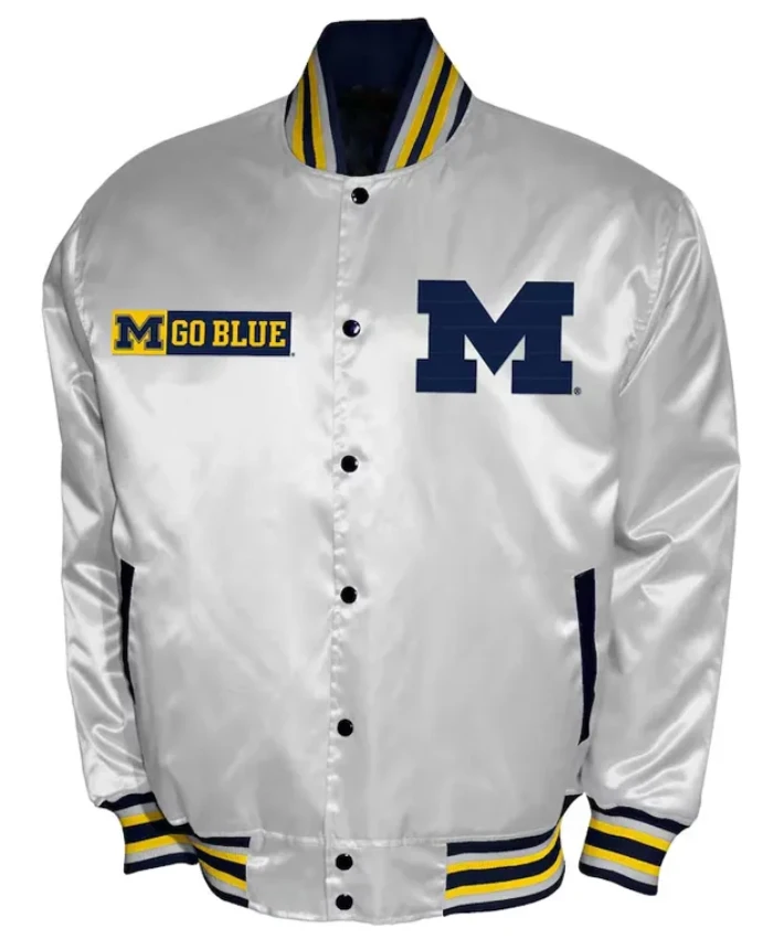 Franchise Club Michigan Wolverines Full Snap White Satin Varsity Jacket