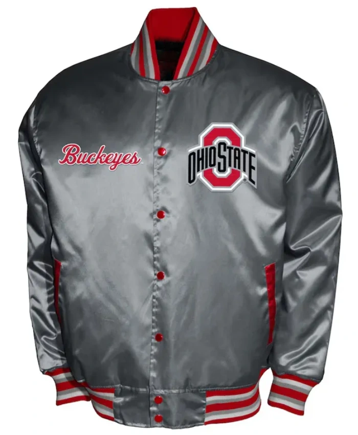 Franchise Club Ohio State Buckeyes Full Snap Grey Satin Varsity Jacket