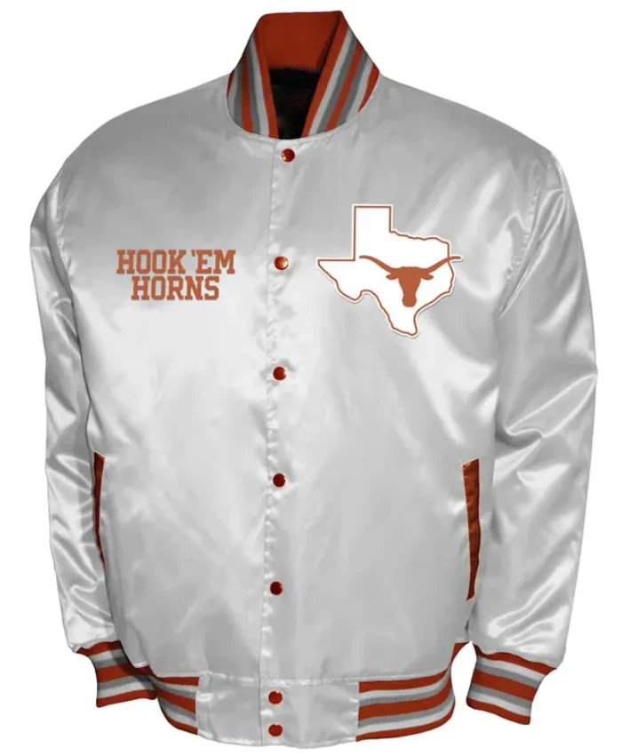 Franchise Club Texas Longhorns Satin Full Snap White Varsity Jacket