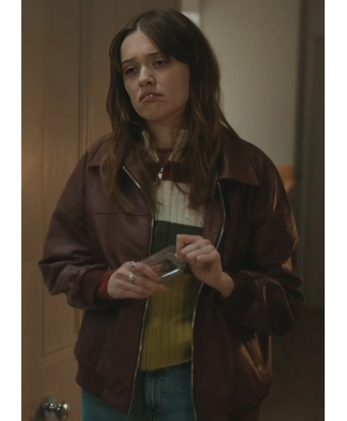 Gemma TV Series Daddy Issues S02 Aimee Lou Wood Burgundy Leather Bomber Jacket