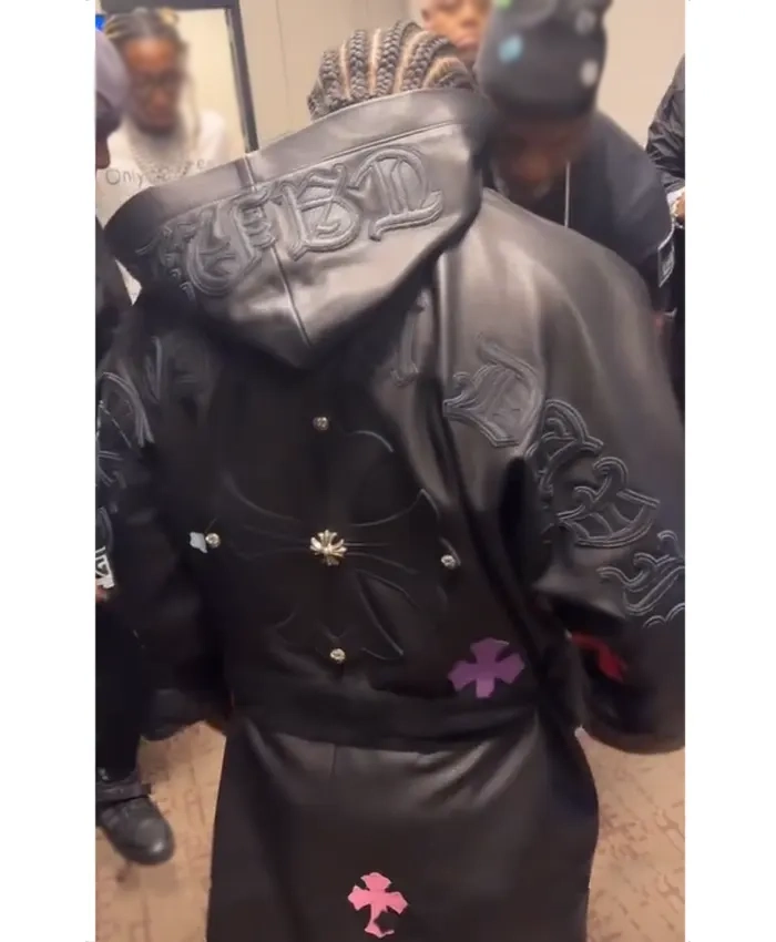 Gervonta Davis Cross Patches Black Leather Trench Coat - Image 3