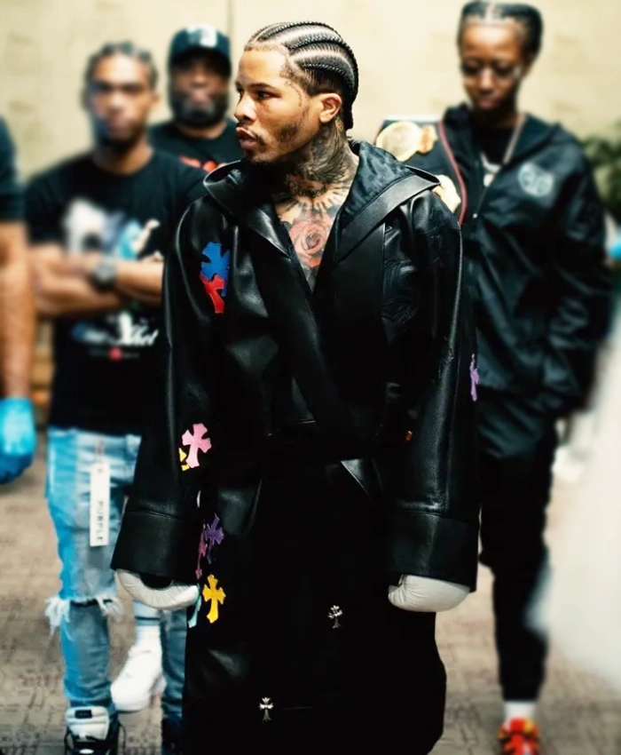Gervonta Davis Cross Patches Black Leather Trench Coat
