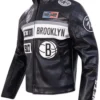 Get Brooklyn Nets Moto Black Leather Zip Up Jacket In Sale
