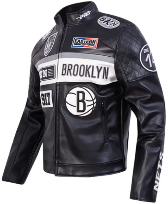 Get Brooklyn Nets Moto Black Leather Zip Up Jacket In Sale