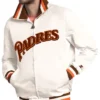 Get San Diego Padres The Captain Full Zip Varsity White Satin Jacket On Sale