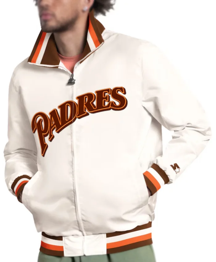 Get San Diego Padres The Captain Full Zip Varsity White Satin Jacket On Sale