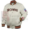 Get This Cleveland Browns 90s Starter White Satin Full Snap Bomber Jacket