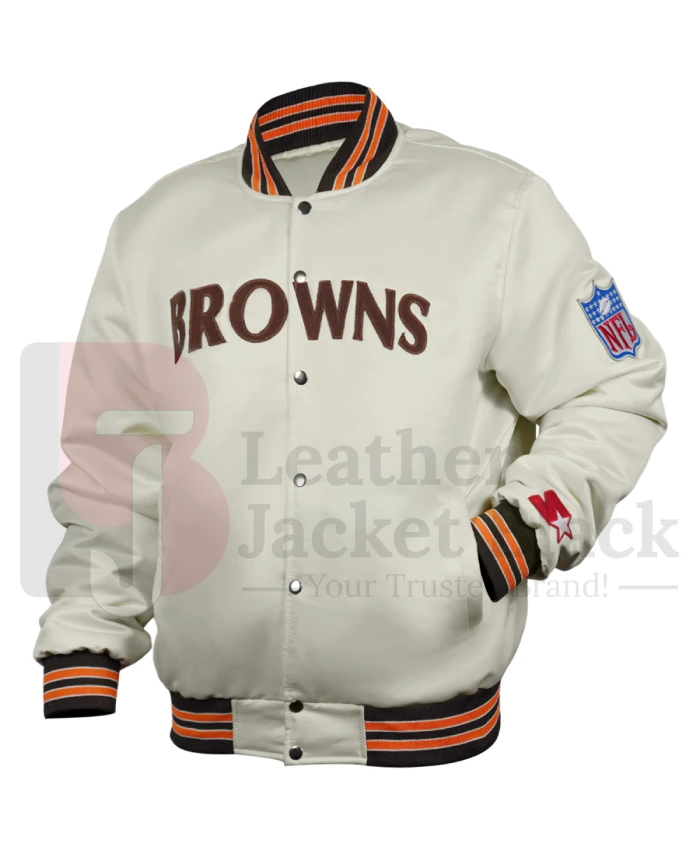 Get This Cleveland Browns 90s Starter White Satin Full Snap Bomber Jacket