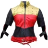 God Among Us Harley Quinn Red Golden Studded Kiss This Cropped Leather Jacket