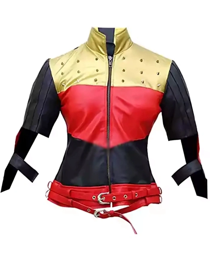 God Among Us Harley Quinn Red Golden Studded Kiss This Cropped Leather Jacket