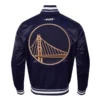 Golden State Warriors 2024 25 City Edition Chenille Navy Satin Jacket Back