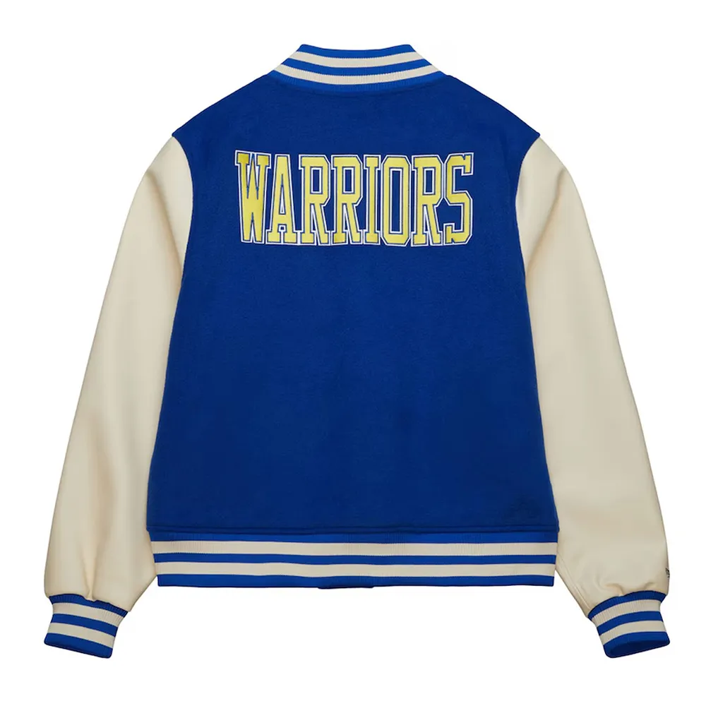 Golden State Warriors Classics Royal And Off White Varsity Jacket Back