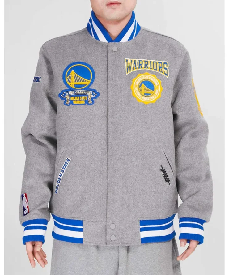 Golden State Warriors Crest Emblem Heather Grey Varsity Wool Jacket