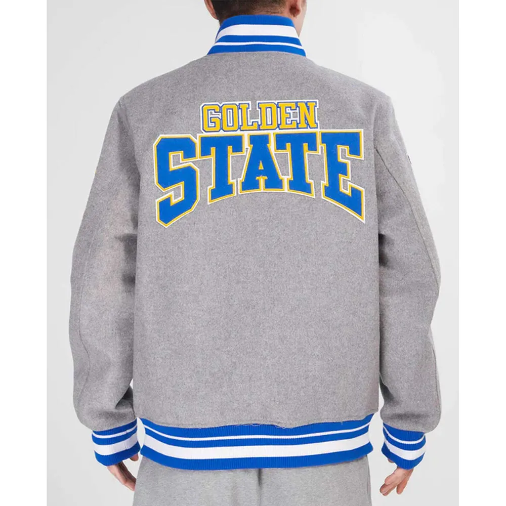Golden State Warriors Crest Emblem Heather Grey Varsity Wool Jacket Back
