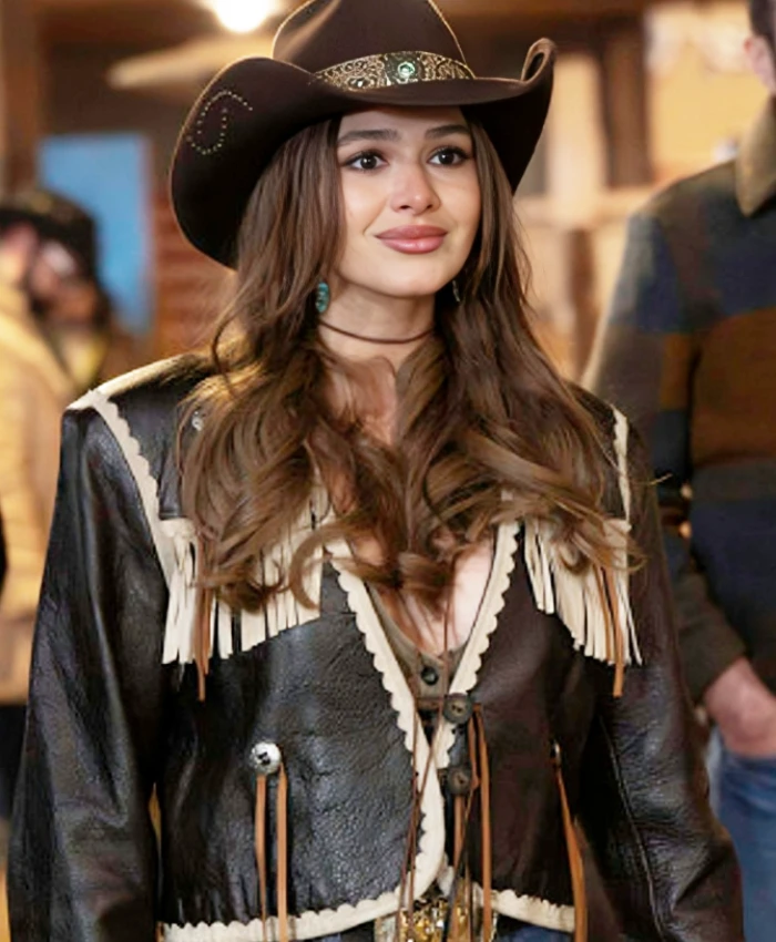 Grace Ann Stevens Brilliant Minds S02 Celeste Desjardins Fringed Leather Jacket