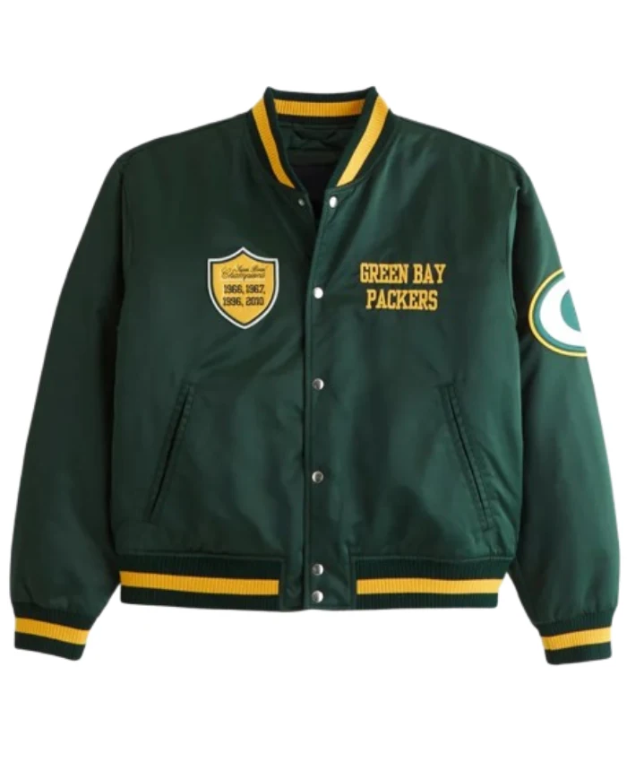 Green Bay Packers Full Snap Green Varsity Bomber Satin Jacket