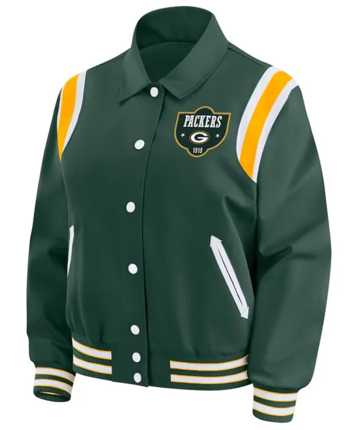Green Bay Packers Lightweight Green Full Snap Satin Varsity Jacket