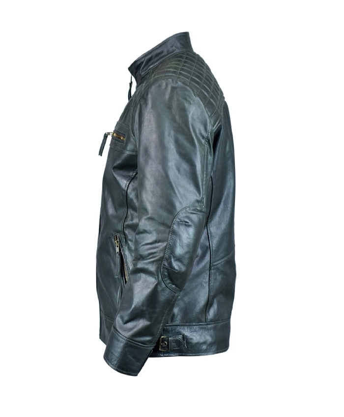 Green Ethan Distressed Waxed Leather Cafe Racer Jacket