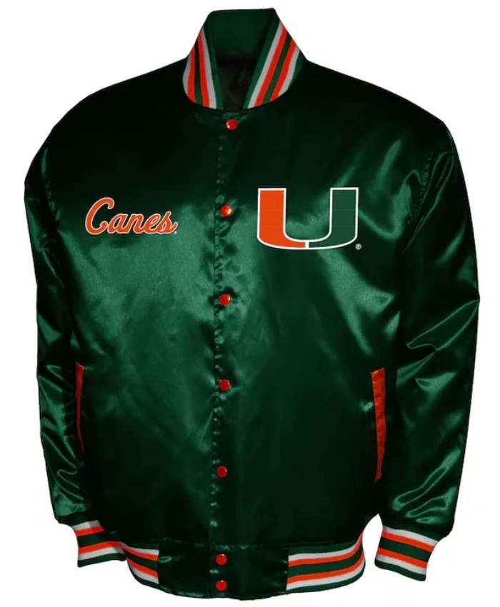 Green Franchise Club Miami Hurricanes Full Snap Satin Varsity Jacket