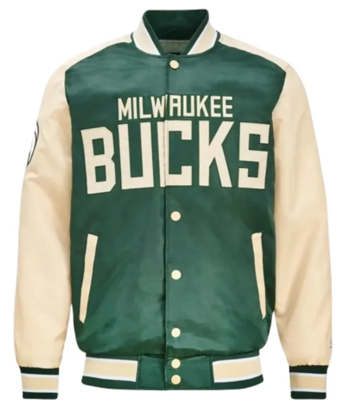 Green And Cream Milwaukee Bucks Full Snap Varsity Satin Jacket