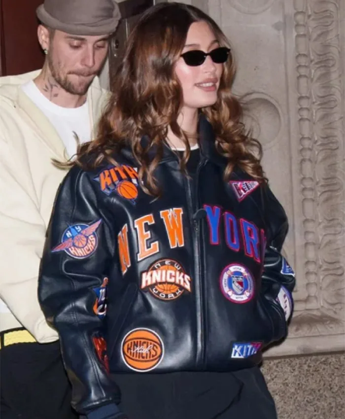 Hailey Bieber New York Knicks Bomber Leather Jacket