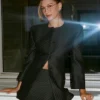 Hailey Bieber Pinstripes New York Stock Exchange Building 2025 NYC Black Blazer Shop Now