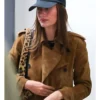 Hailey Bieber Sushi Park 2025 Double Breasted Brown Suede Trench Coat