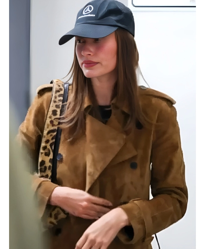 Hailey Bieber Sushi Park 2025 Double Breasted Brown Suede Trench Coat
