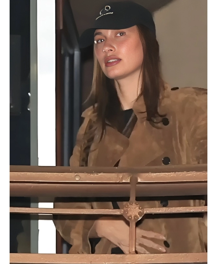 Hailey Bieber Sushi Park 2025 Double Breasted Brown Trench Coat