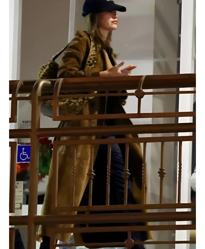 Hailey Bieber Sushi Park Brown Suede Trench Coat