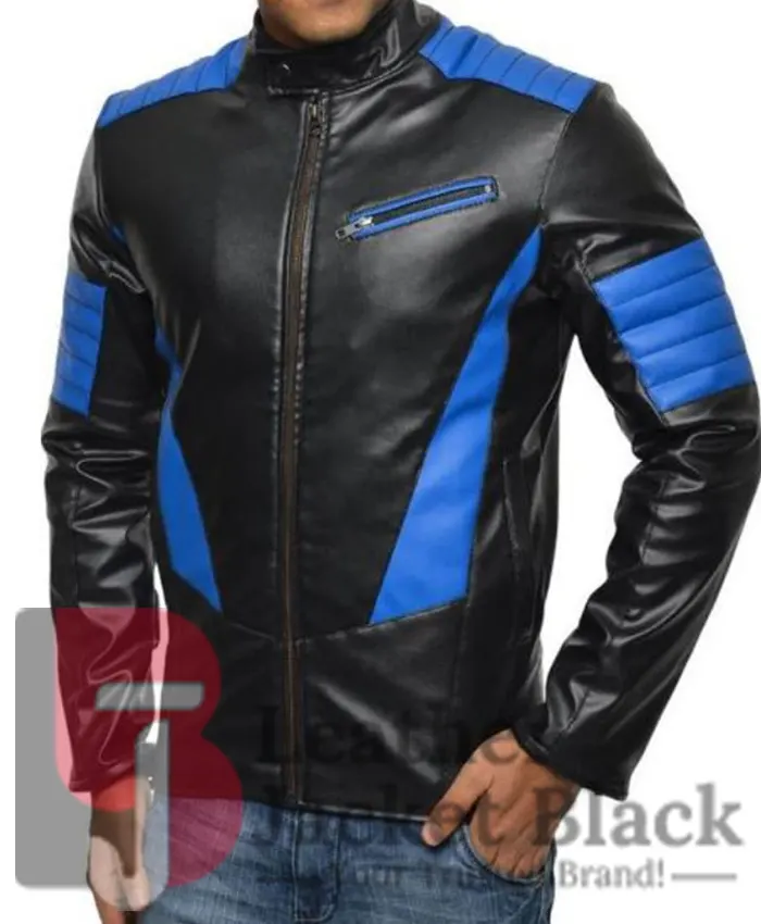 Halloween Black And Blue Leather Motorcycle Jacket