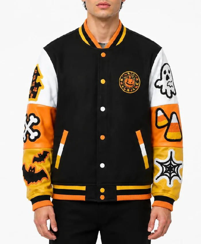 Halloween Boo Patches Varsity Jacket Mens
