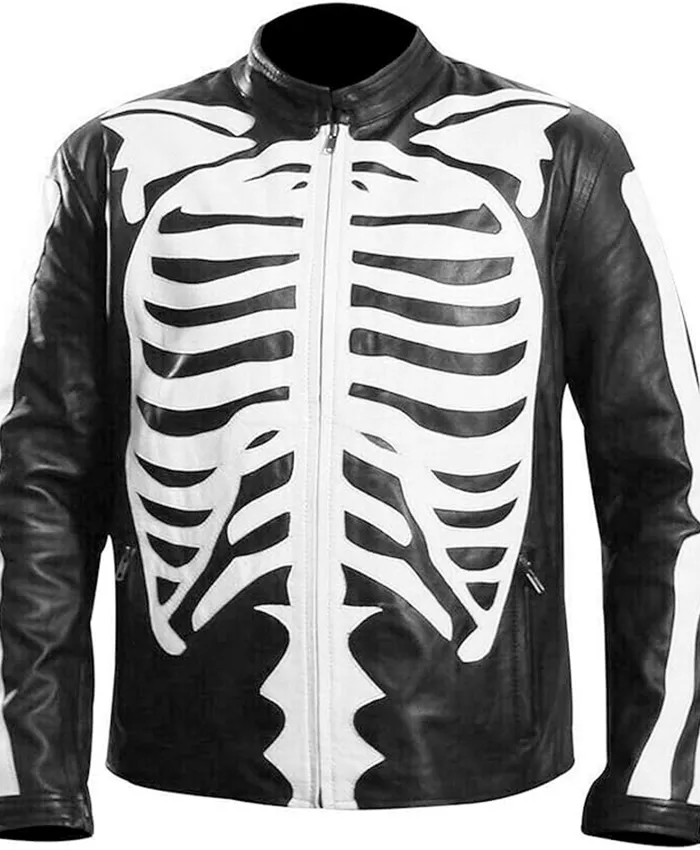 Halloween Party Skeleton Bones Leather Black Jacket