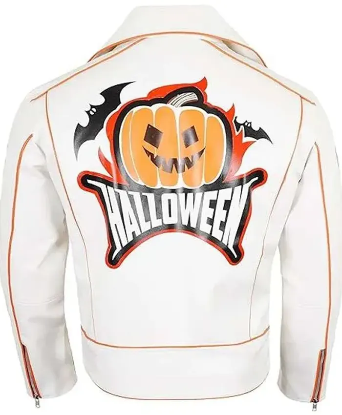 Halloween Pumpkin Leather White Biker Jacket