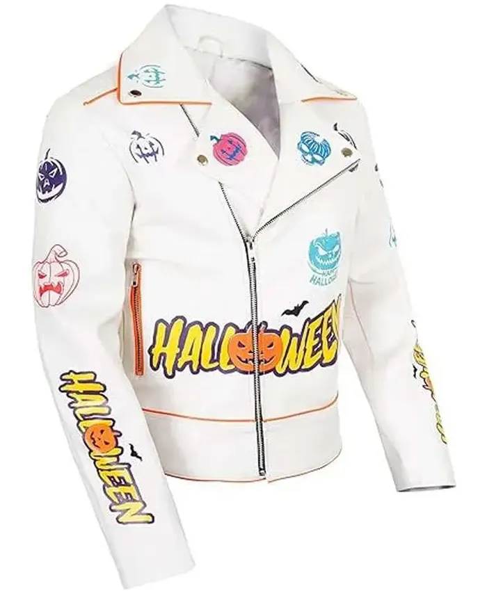 Halloween Pumpkin White Biker Leather Jacket