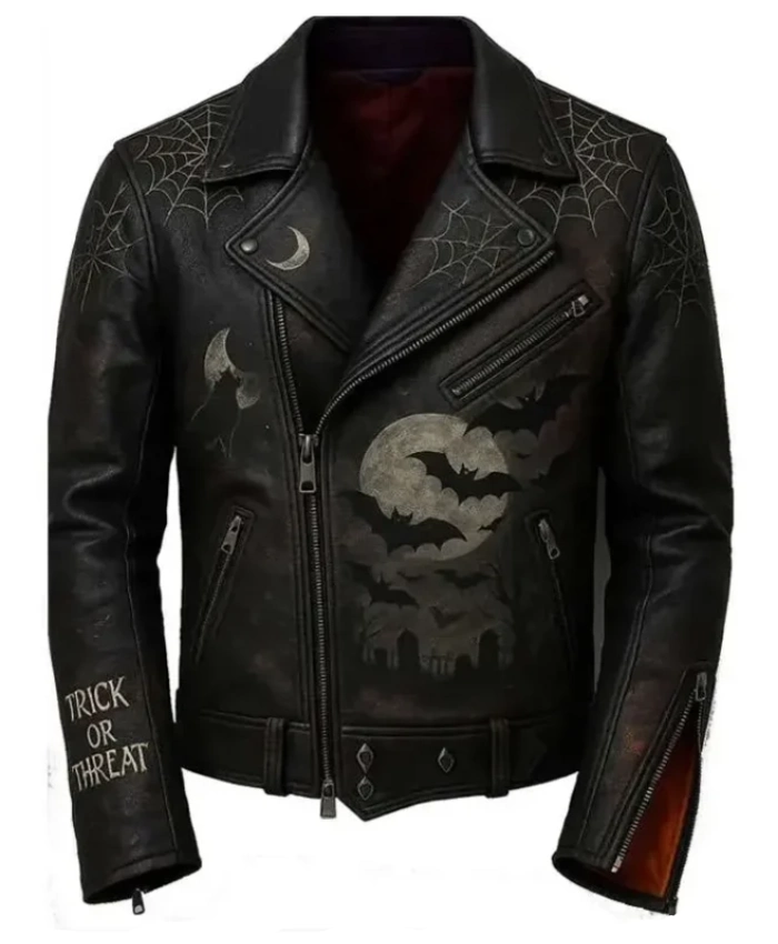 Halloween Trick or Treat Haunted Graveyard Leather Biker Jacket