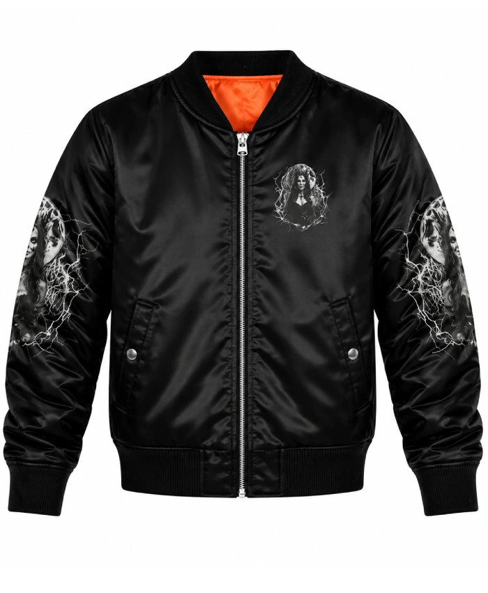 Hello Darkness Halloween Witch Black Satin Bomber Jacket