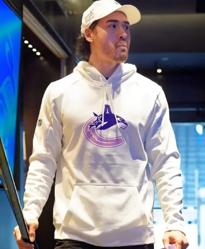 Hockey Fights Cancer Vancouver Canucks Purple Blue Logo White Pullover Hoodie