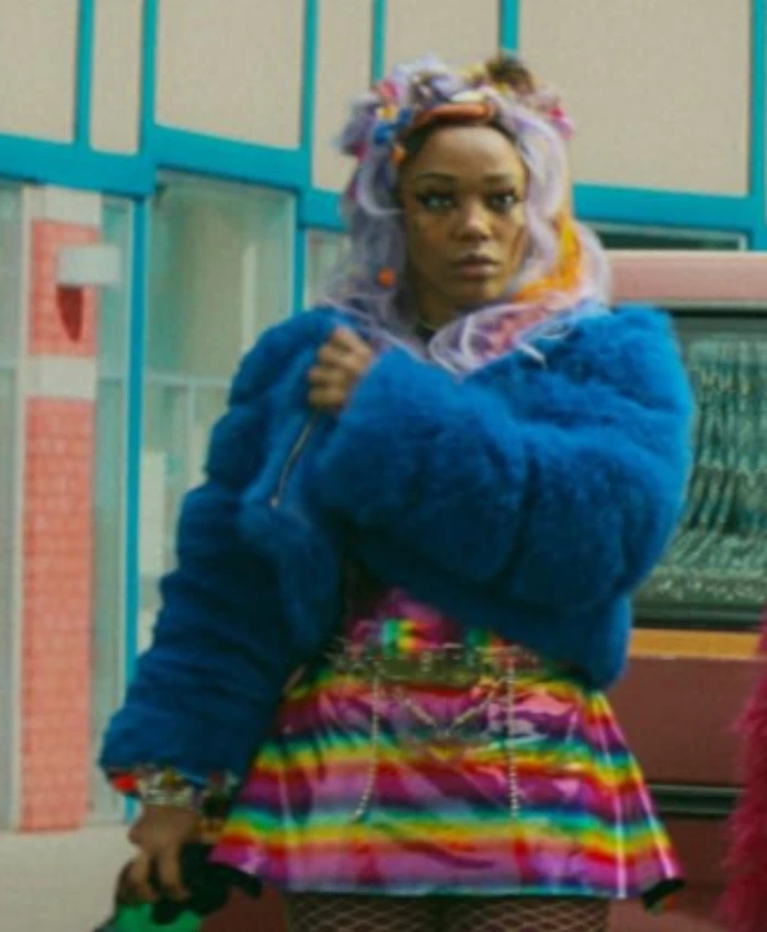 Naomi Ackie I Love Boosters Blue Fur Jacket