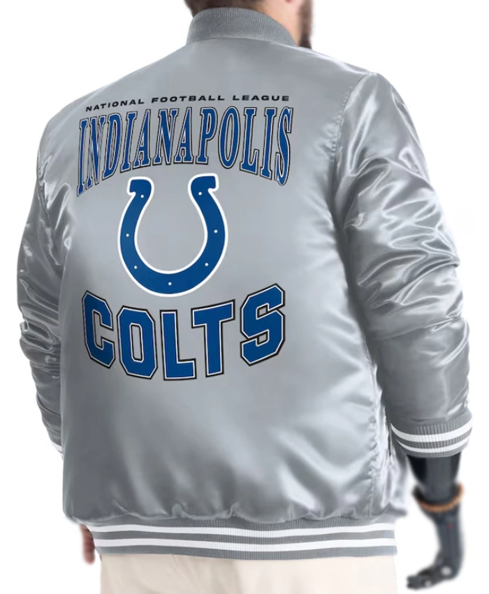 Indianapolis Colts Adaptive Team Graphic Varsity Silver Satin Jacket