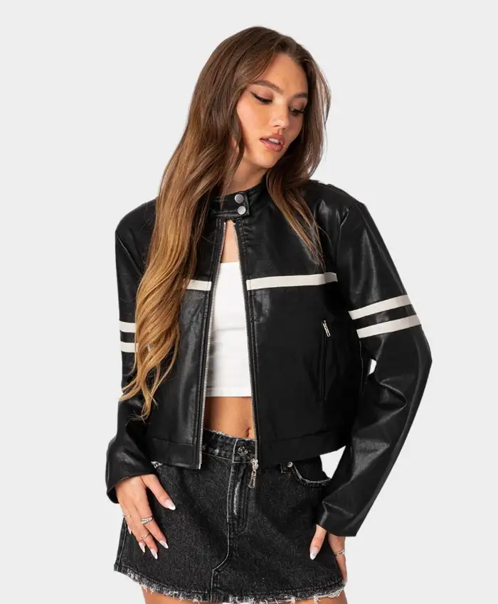 Jacqueline Edikted Black Snap Tab Collar Cafe Racer Leather Jacket