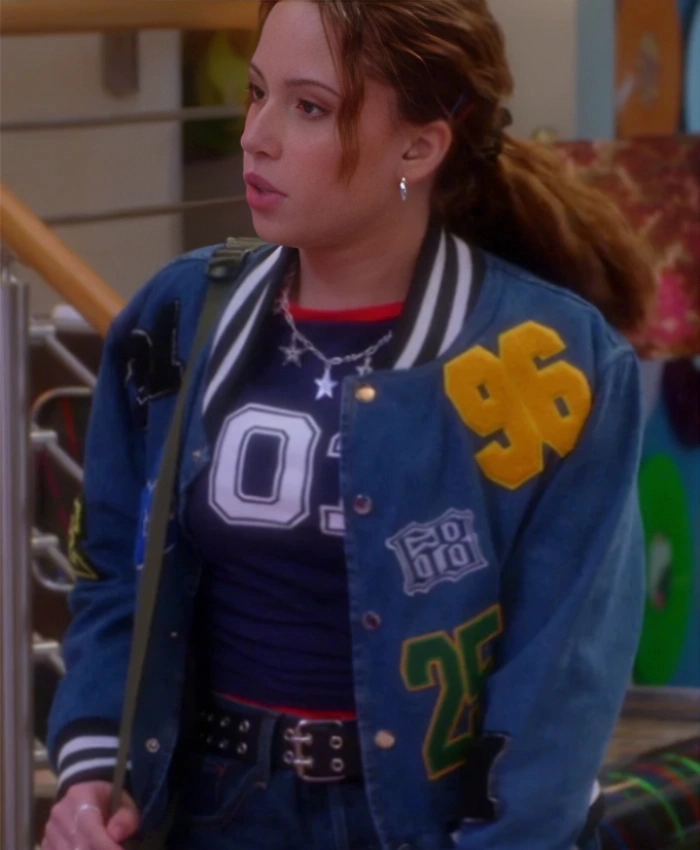 Jade Castillo TV Series Electric Bloom 2025 Carmen Sanchez Blue Denim Patchwork Bomber Jacket