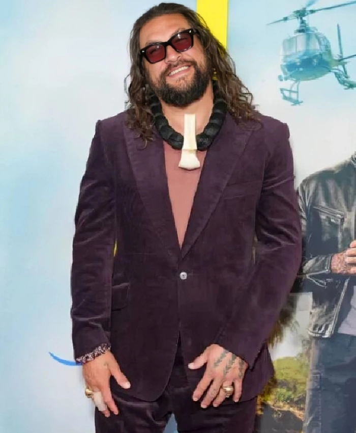 Jason Momoa The Wrecking Crew New York Special Screening 2026 Deep Plum Velvet Blazer