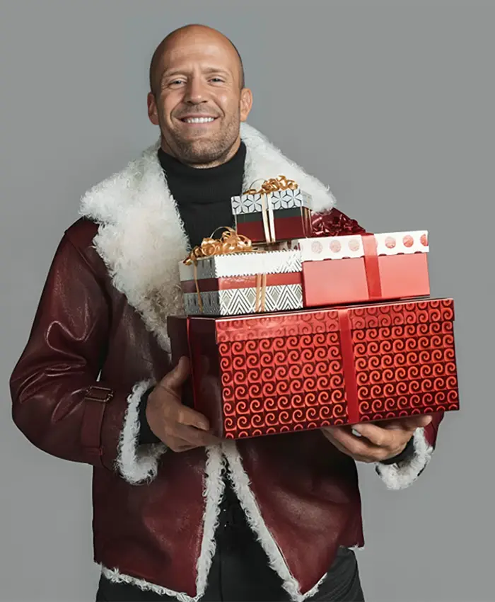 Jason Statham Takes On Holiday Ops Shearling Leather Jacket